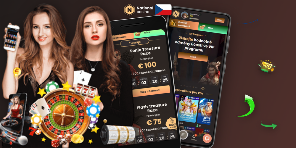 Panoramatický přehled obrazovek National Casino apps – sloty, živé casino, sázky a pokladna