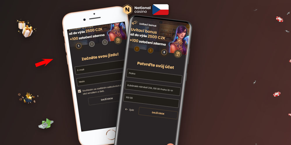 Infografika pěti kroků registrace v National Casino CZ od formuláře až po aktivaci bonusu
