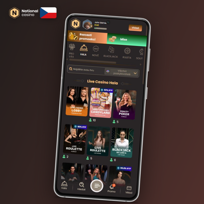 Mozaika miniatur slotů a jackpotů v mobilní aplikaci National Casino s více než 4 200 hrami