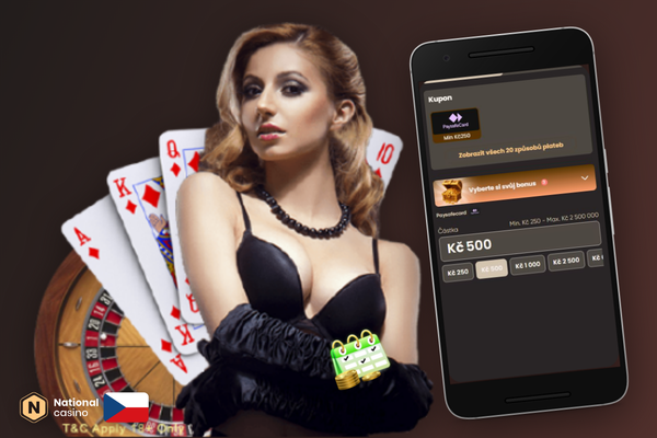 Mobilní displej s QR kódem pro vklad Bitcoin a přepočtem měny na CZK v National Casino