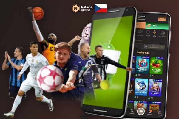 Tři hráči s mobilní aplikací National Casino a ikonami turnajů a žebříčků kolem nich
