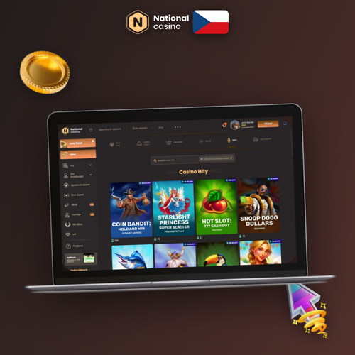 National Casino hraní na PC – notebook a monitor s herním rozhraním v tmavém designu