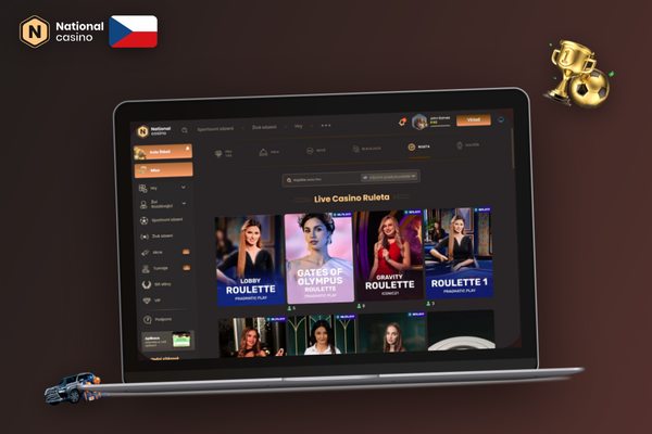 Lobby National Casino pro PC na širokoúhlém monitoru s dlaždicemi her a panelem pokladny