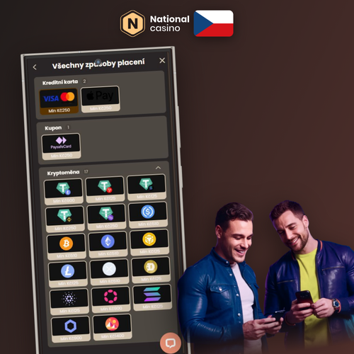 National Casino vklad – ikony Visa, Mastercard, Skrill a Bitcoin na tmavém pozadí